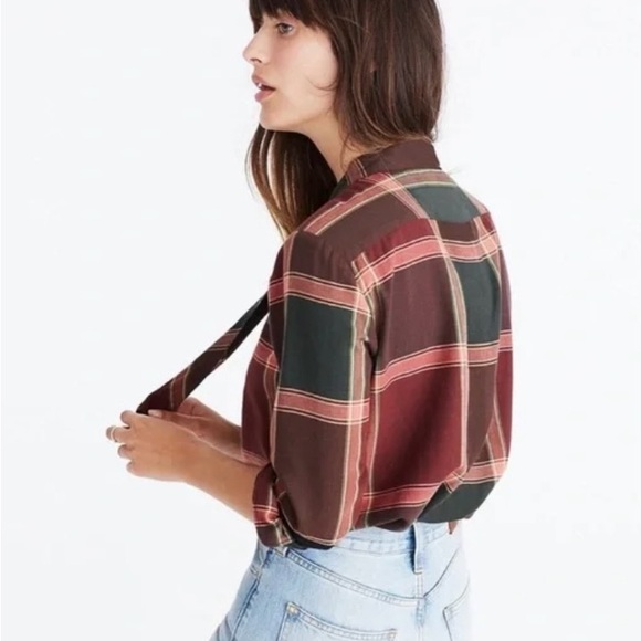 Madewell Plaid Tie-Neck Shirt Brown/Plum Cranberry - M - Picture 4 of 15